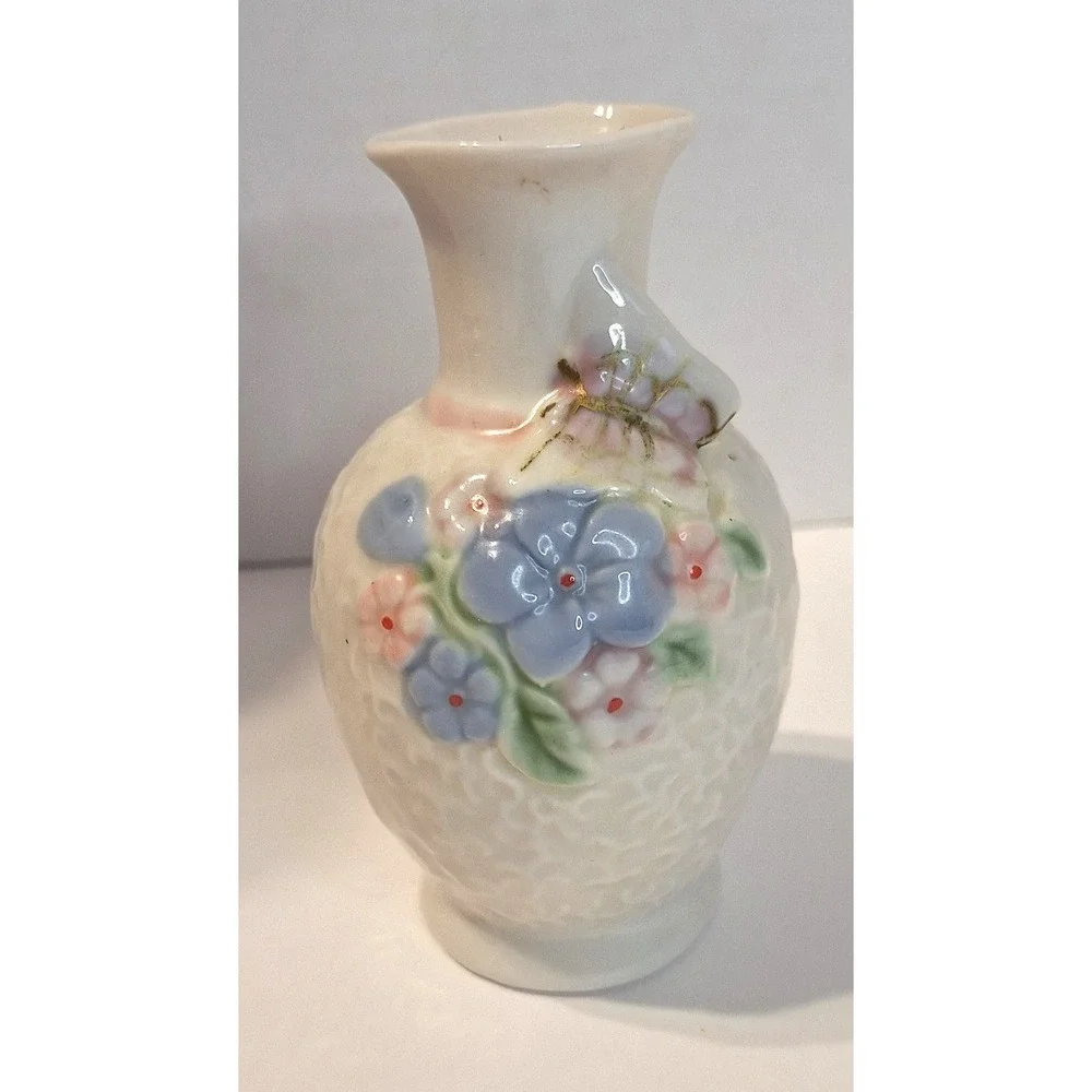 Vintage Miniature Porcelain Bud Vase Floral Butterfly Relief White Blue 4 Inch